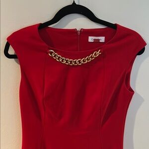 Calvin Klein Red Sheath Dress with Cap Sleeves and Crew Neck